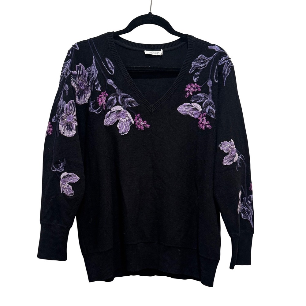 Chico's Floral Embroidered V-Neck Sweater Womens 2 Large Black Purple Beaded